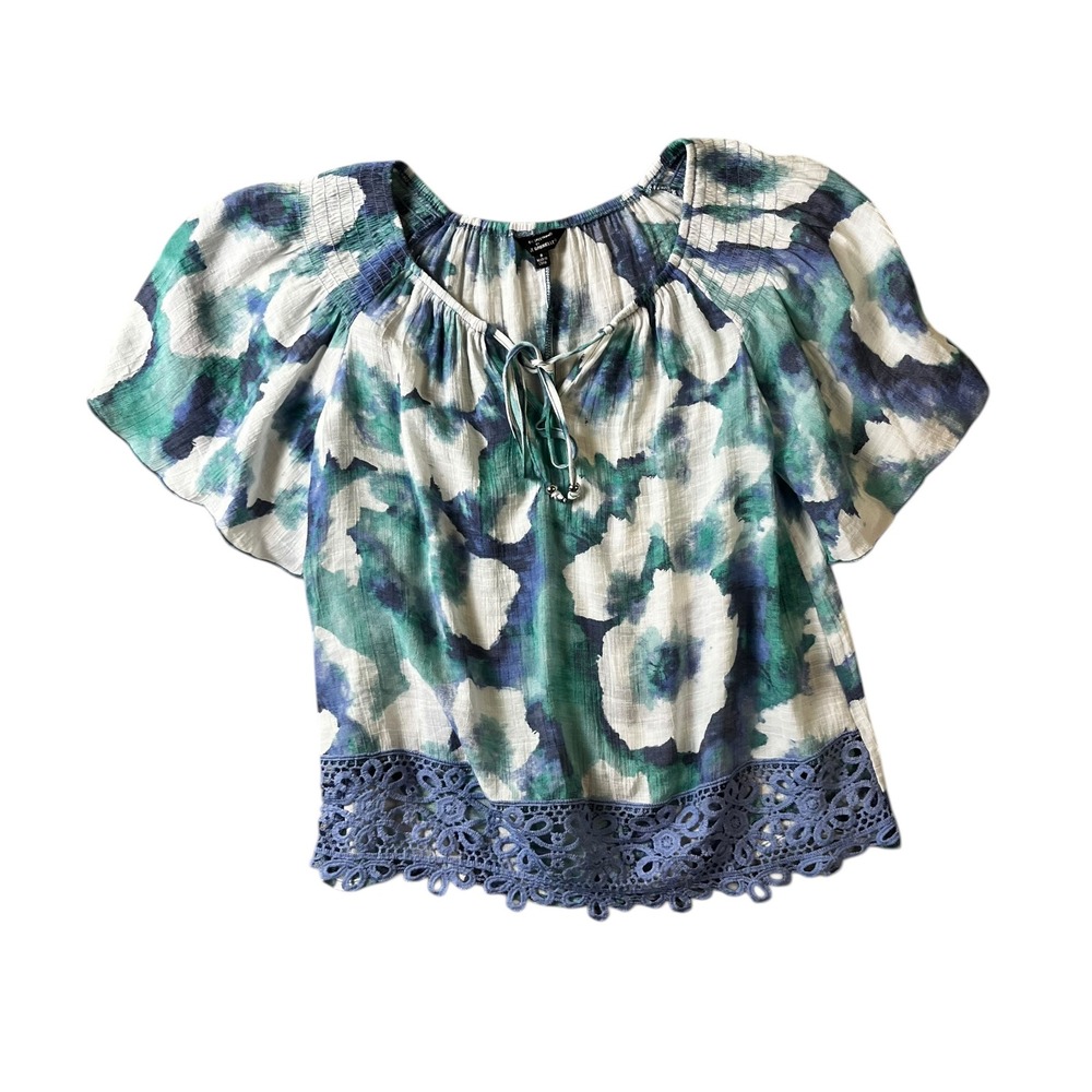 Mlle Gabrielle Boho Floral Crochet Lace Hem Tie Neck Blouse Small